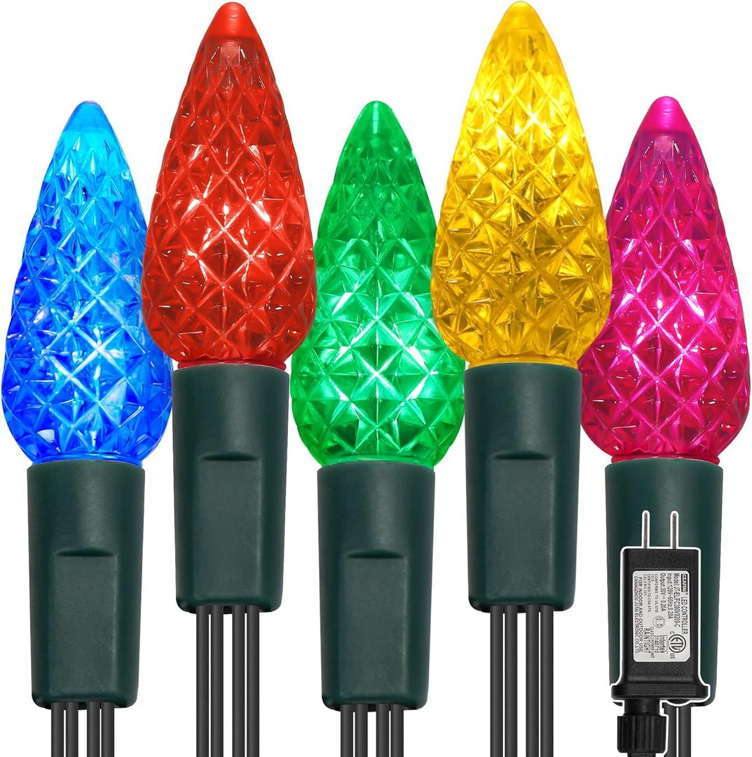 WATERGLIDE C6 Christmas Lights, 33ft 100 LED Faceted String Lights Green Wire Fairy Lights with 29V Safe Adaptor, 8 Lighting Mode, Waterproof for Indoor Outdoor Patio Xmas Tree Party Decor, Multicolor