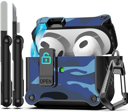 RFUNGUANGO for Airpods 3rd Generation Case with Secure Lock Clip, Full Body Shockproof Hard Shell Protective, AirPods 3 Case for with Apple AirPod 3rd Gen 2021 [Front LED Visible] -Blue Camouflage