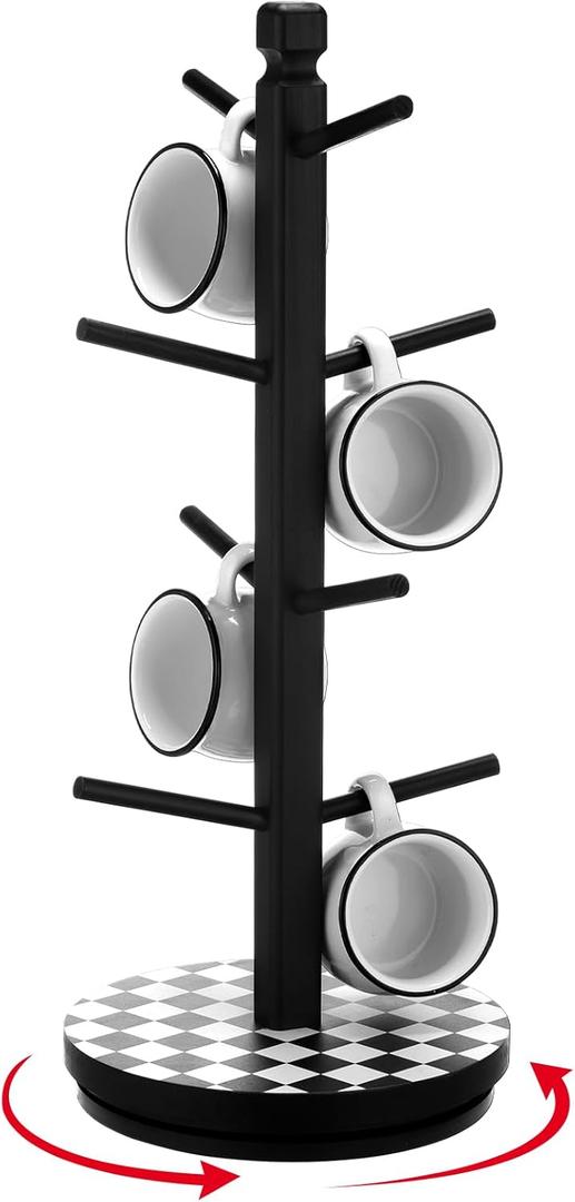 Checkerboard Tree Coffee Mug Holder 8 Hooks Black and White Mug Holder for Countertop Tree Display Wood Coffee Cup rackfor Christmas Kitchen Accessories