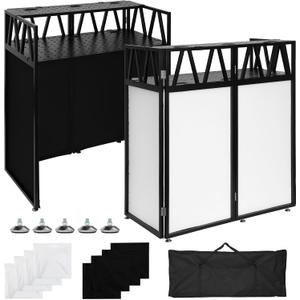 Two-Tier Portable DJ Booth Table, 42"L x 20"W Dual-Layer Heavy Duty Portable DJ Booth Stand with White & Black Scrim, Adjustable DJ Facade, Ideal for Parties, Stage Weddings And Bars（Double-Decker）