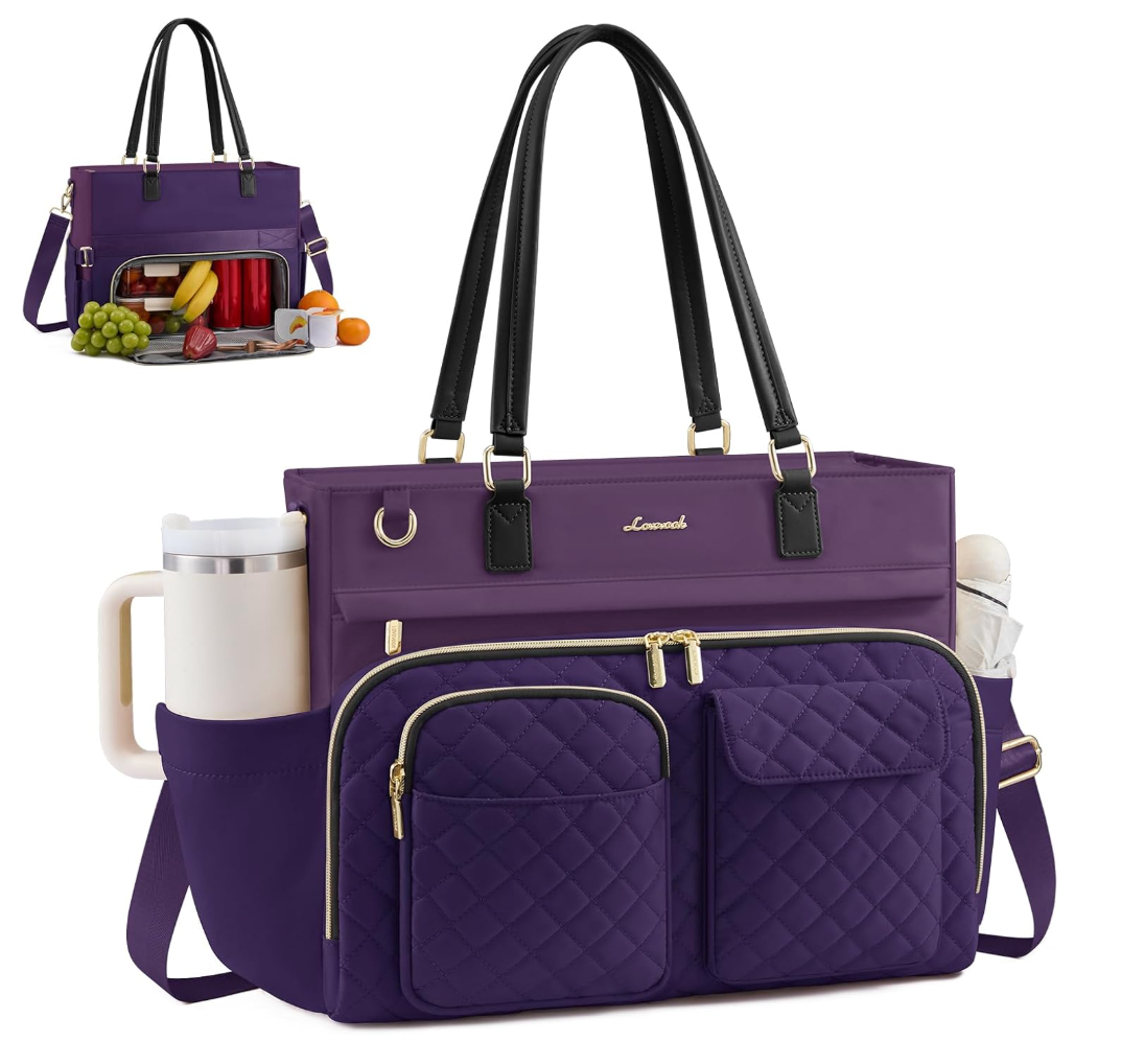 LOVEVOOK Insulated Lunch Tote Bag for Women, Large Capacity Work Bag with Large Cup Holder, Teacher Nurse Tote with Multi Pockets, Water Resistant Laptop Bag for Travel, College, Daily, 17.3 Inch