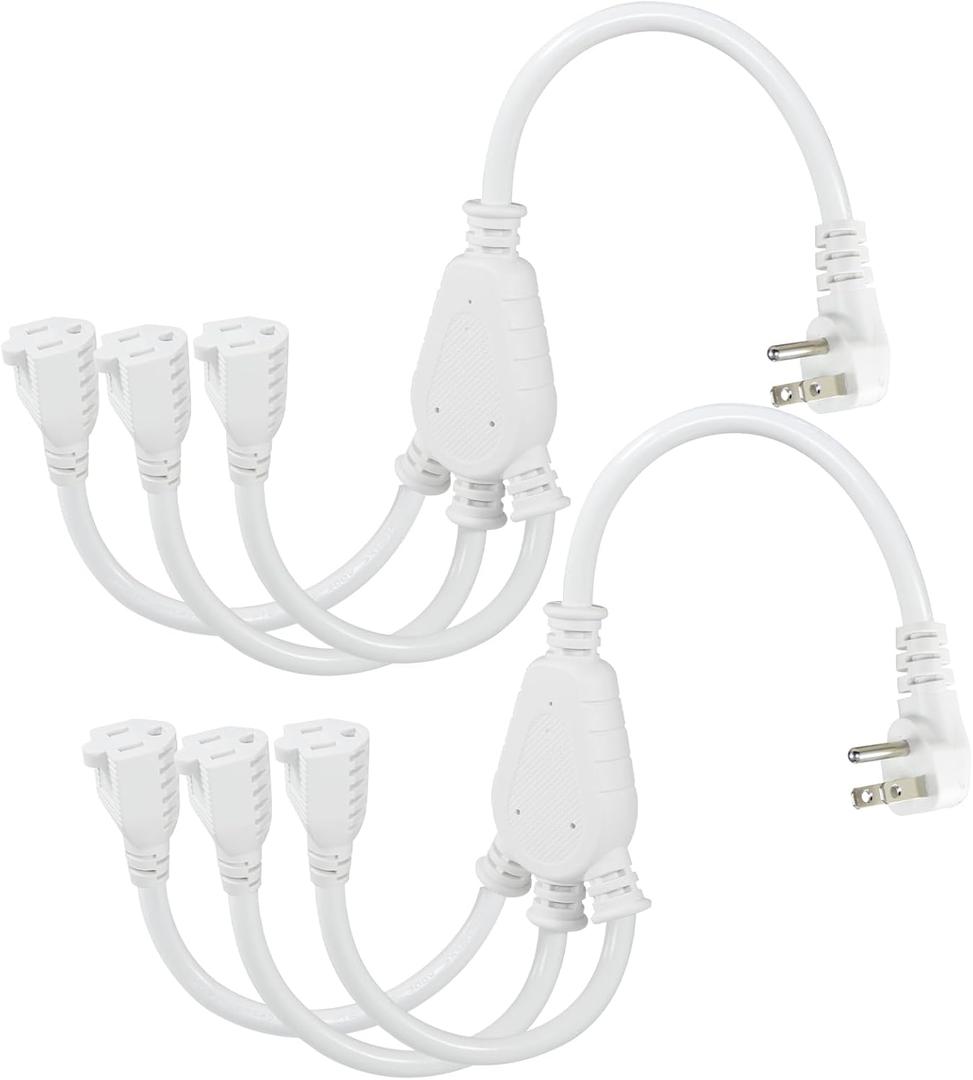 KUNCAN 3-Outlet Extension Splitter Cord - White 2-Pack Low Profile Wall Head 1 to 3 Way Power Splitter Cord, 90-Degree 3 Prong Flat Plug 1FT 16AWG 13A 125V 1625W NEMA 5-15P to 3X NEMA 5-15R