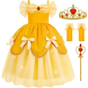 Aolliya Princess Dress for Girls Yellow Off Shoulder Princess Princess Dress Up for Halloween Carnival Cosplay Party (6-7/130)