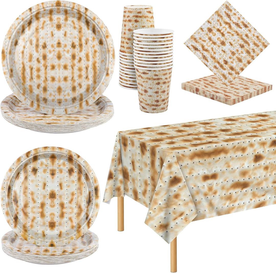 Kochorie 97 Pieces Passover Matzoh Tableware Set for 24 Guests Matzoh Plastic Tablecloth Paper Plates Napkins Cups Disposable Passover Dinnerware Set for Seder Table Decorations