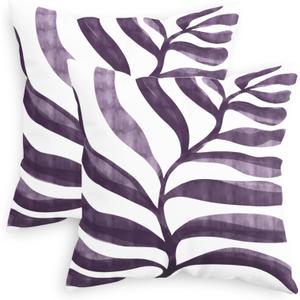CaliTime Throw Pillow Covers Decorative 18 X 18 Inches Pack of 2 Cozy Fleece Modern Abstract Plant Leaves Cushion Cases for Couch Bed Sofa Farmhouse Decoration Deep Purple