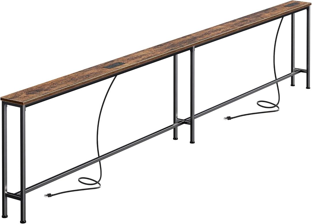 SUPERJARE 110.2 Inch Sofa Table with 2 Power Outlets and USB-C Port, 5.9 Inch Narrow Console Table with Storage, Extra-Long, for Entryway Hallway Couch Behind Sofa, Small Spaces, Rustic Brown, 5.9"D x 110.2"W x 29.7"H