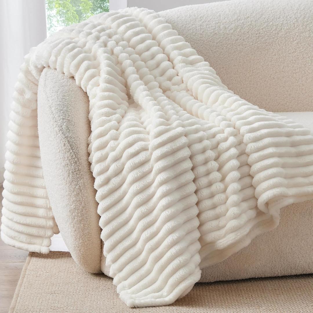 BEDELITE Fleece Throw Blanket for Couch - 300GSM Soft & Warm Fluffy Cream White Blanket, Decorative and Giftable Striped Blankets for Women, Men, 50"x60" Cream