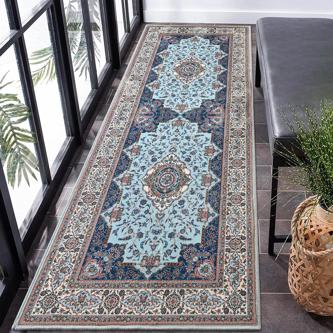 Rtizon Runner Rug for Bedroom, 2x6Ft Machine Washable Area Rugs, Vintage Non-Slip Low Pile Carpet for Entryway Hallway Office Living Room, Blue