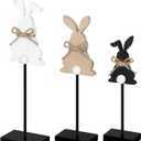 Maitys 3 Pcs Easter Bunny Wooden Table Decor Vintage Rabbit Standing Tabletop Decor Easter Bunny Block Centerpiece Sign with Jute Rope for Festival Gifts, Black, White, Natural Wood Color