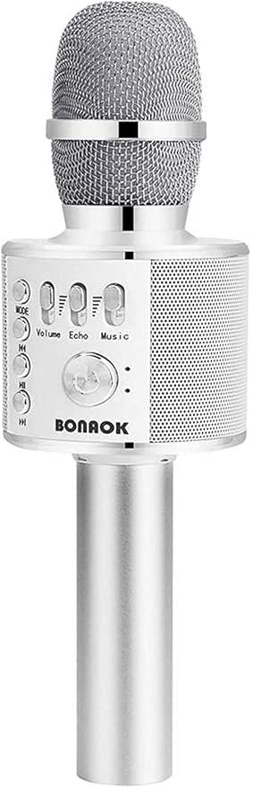 BONAOK Wireless Bluetooth Karaoke Microphone,3in1 Portable Handheld Mic Speaker for All Smartphones,Gifts for Kids Adults All Age Q37(Silver)