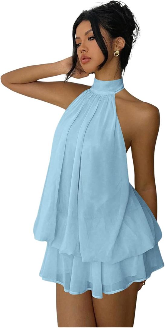 Verdusa Women's Chiffon Halter Drop Waist Wedding Guest Dresses Ruffle Summer Loose Fit Mini Dress Brunch Outfits (X-Large, Blue)