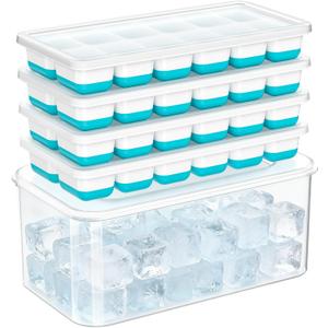 NFK Ice Cube Tray with Lid & Bin - 4 Pack 48 Cubes Stackable Silicone Trays for Freezer with Storage Container, Leak-Proof Lids, BPA-Free, Easy Release for Kitchen, RV, Party, Cocktail & Coffee