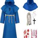 Long Hooded Cloak Friar Medieval Wizard Monk Priest Knight Robe 5pcs Set Halloween Costume Adult Teens Cape Outfit (Large, Blue)