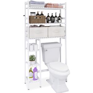 SMIBUY Over The Toilet Storage with Drawers, Large Bathroom Space Saver Organizer Rack, Freestanding Behind Toilet Stand with 6-Tier Shelf and Waterproof Feet Pad for Restroom, Laundry (White)