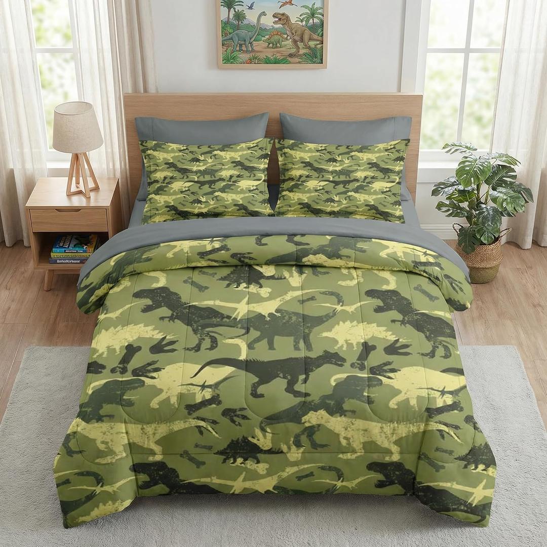 Comforter Set Twin Size, Camouflage Dino Dinosaur 5 Pcs Bedding for Kids and Adults, Cute Funny Green Bed Sheet Sets with Fitted Sheet Pillowcase & Sham for Bedroom Bed Decor