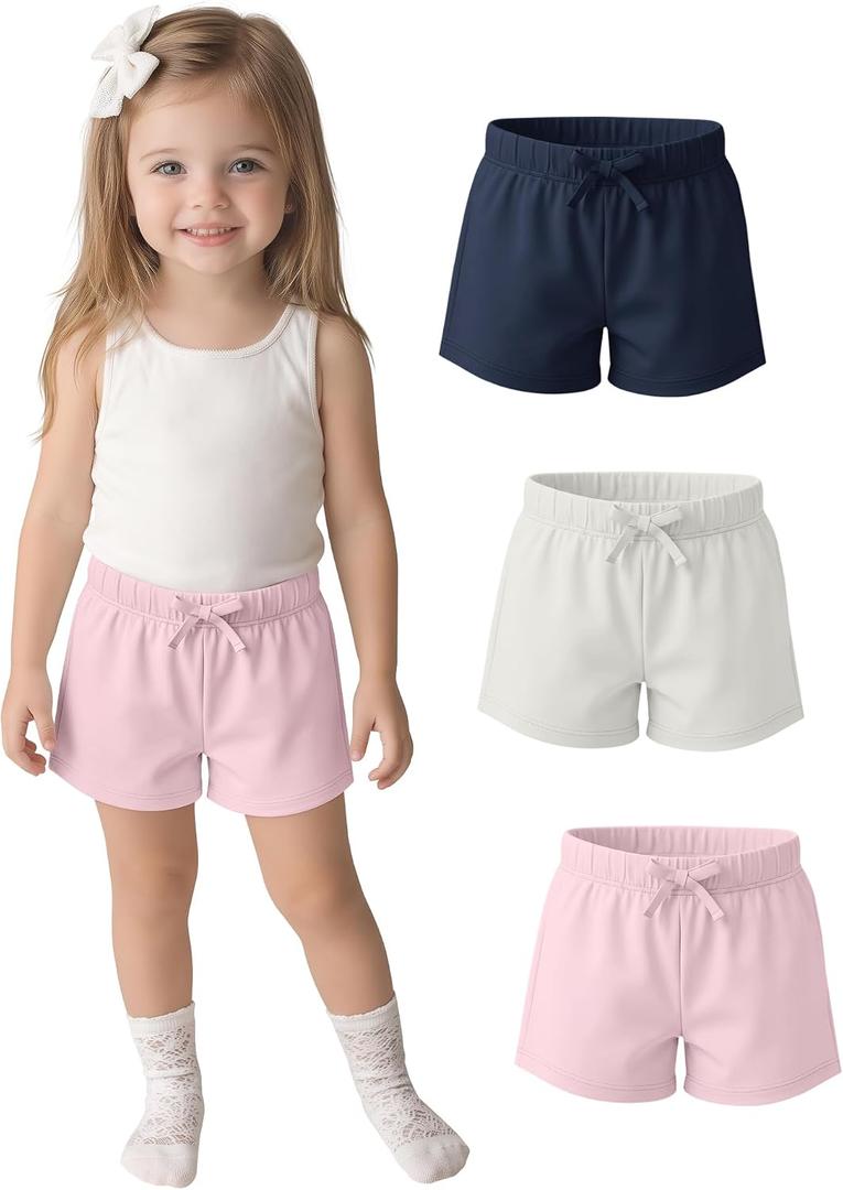 3 Pack Toddler Girls School Shorts | Uniform, Campus, School Outfits, Pull on, Little Baby 18M-5Y, Casual, Bottoms, Cute, Bow, Elastic Waist, Loose, Summer, Daily (White)