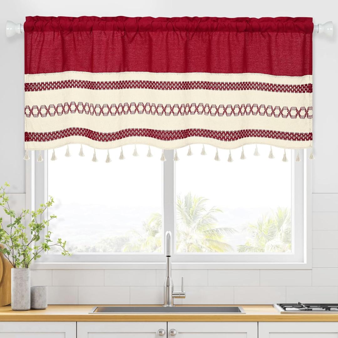 FRAMICS Farmhouse Linen Valance for Windows Boho Crochet Short Curtain with Tassel Country Red Valance for Kitchen Light Filtering Rod Pocket Window Treatment for Bathroom, 1 Panel, 52" W x 18" L