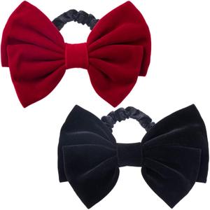 PAGOW 2Pcs Velvet Scrunchies Hair Elastic, Large Bowknot Velvet Hair Ties, Black Red Hair Satin Bow Ties Hair Ponytail Holders Accessories for Girls Women Ladies