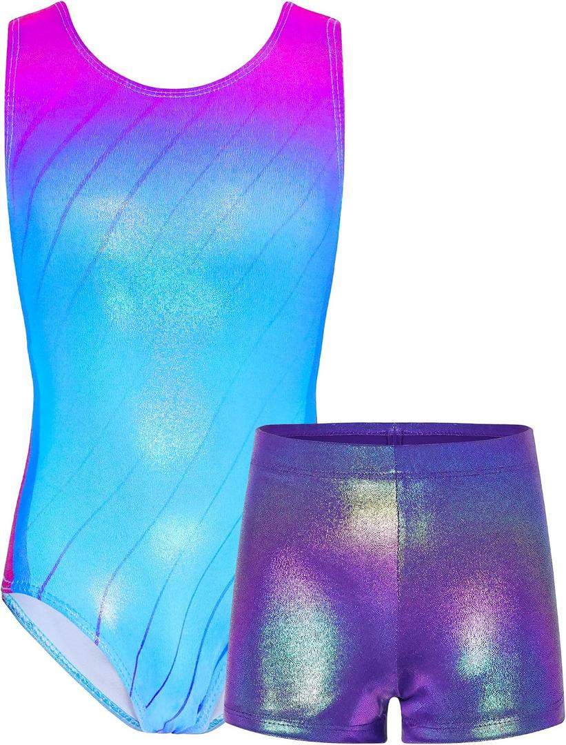 TENVDA Gymnastics Leotards for Girls 10-12 Years Old Sparkly Blue Pink Tumbling Outfit Matching Shorts Set Tank Bodysuits Purple Lines, 10-12 Years