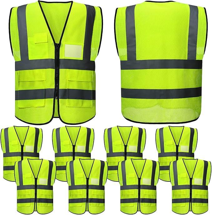 JenPen 10 Pieces Reflective Safety Vests with Pockets and Zipper, High Visibility Mesh Construction Vest for Men Women(XXL,Green)
