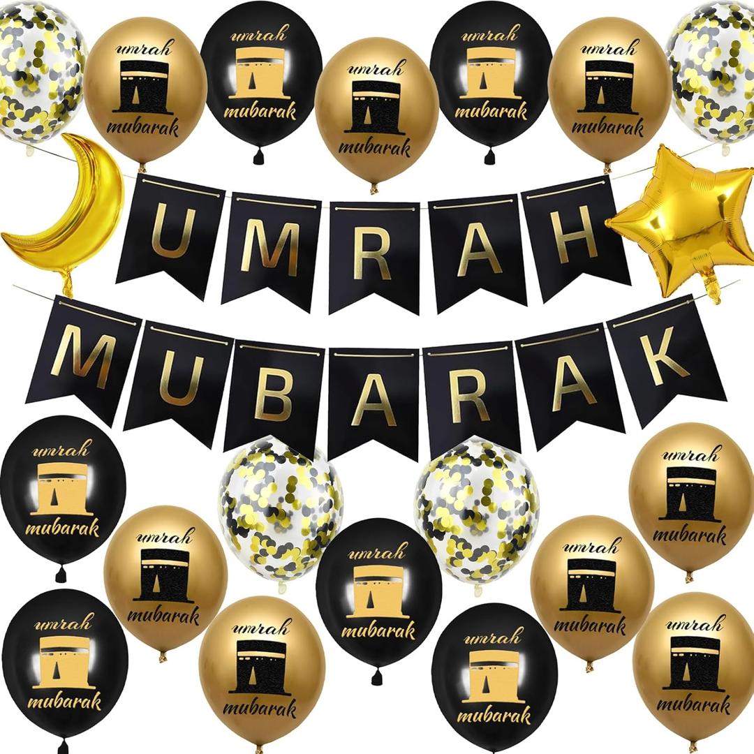 Umrah Mubarak Decorations Ramadan Banner - 21 Pcs Black Gold Hajj Ramadan Decor Balloons Banner For Lslamic Muslim Al Fitr Eid Party Favors