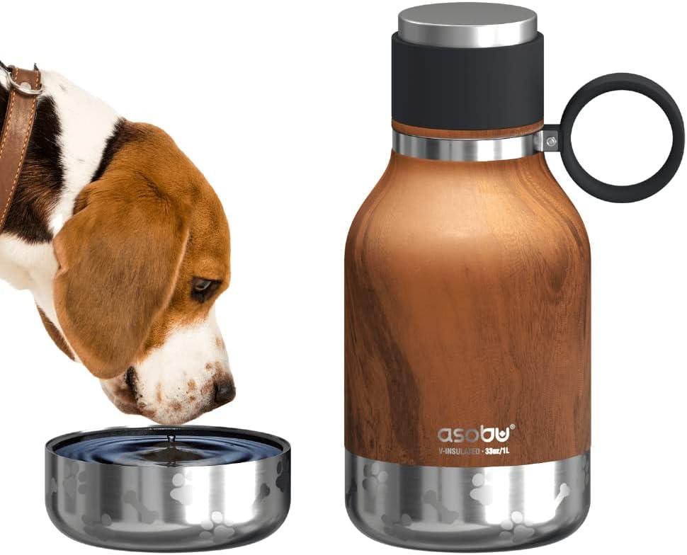 Asobu Buddy Bottle a Stainless Steel Insulated Water Bottle for with Removable Dog Water Bowl and Dog Food and Treat Storage Bowl (Wood, 37 oz Water Bottle with Bowl)