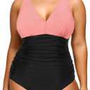 Aqua Eve Women Plus Size One Piece Swimsuits V Neck Tummy Control Bathing Suits Retro Ruched Swimwear Pink and Black 12 Plus