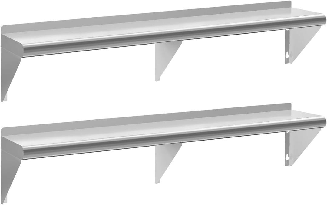 Stainless Steel Shelf 12" x 72", 2 Pack NSF Wall Mounted Commercial Metal Shelving with Backsplash for Restaurant, Utility Room, Kitchen and Garage