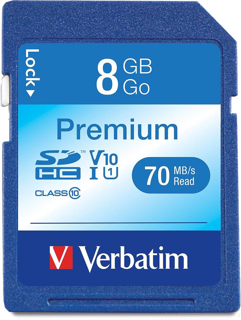 Verbatim 8GB Premium SDHC Memory Card, UHS-I V10 U1 Class 10, Blue (96318)