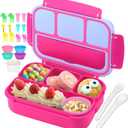 QQKO Bento Box for Kids Adults, School Toddler Lunch Box for Boys Girls, Lunch Box Containers with 4 Compartments, Sauce Container, Utensils, Food Picks and Muffin Cups for School, Pink Blue
