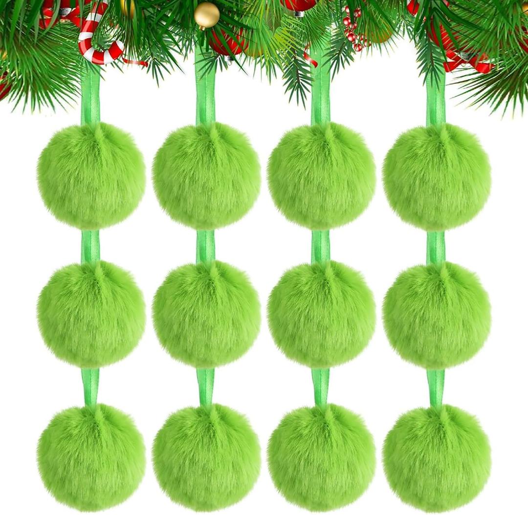 12Pcs Lime Green Christmas Ornaments Furry Ball Christmas Tree Decorations Faux Fur Balls Hanging Decor Xmas Home Party Supplies