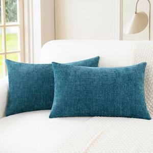 CaliTime Throw Pillow Covers Decorative 12 X 20 Inches Pack of 2 Cozy Chenille Cushion Cases for Couch Sofa Bed Living Room Home, Ocean Blue