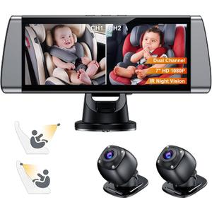 Baby Car Camera for 2 Kids - 7" Split Screen with Dual Carseat Camera - USB Plug and Play Easy Install - Safety Rear Facing Infant Back Seat Monitor with HD 1080P, Night Vision - Grey