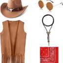 Cowboy Outfits for Boys Kids 5 Pcs Western Costume Accessories Cowboy Hat Fringe Vest Necklace for Halloween 4-12 T (6-8 Years, Khaki)