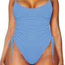 Viottiset Women's Ruched High Cut One Piece Swimsuit Tummy Control Bathing Suit Monokini (Blue, XL)