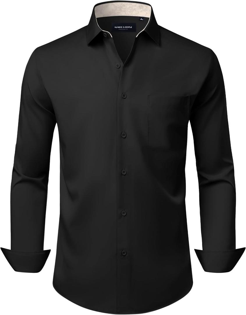 Alimens & Gentle Mens Dress Shirts Casual Long Sleeve Wrinkle Free Stretch Club Prom Party Button Down Shirt with Pocket (Black)