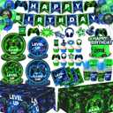 Video Game Birthday Decorations  Neon Game Tableware: Plates, Napkins, Cups, Cutlery, Cake & Cupcake Toppers, Banner, Hanging Swirls, Tablecloths, Balloons for Boy Gamer Birthday Party, Serves 24