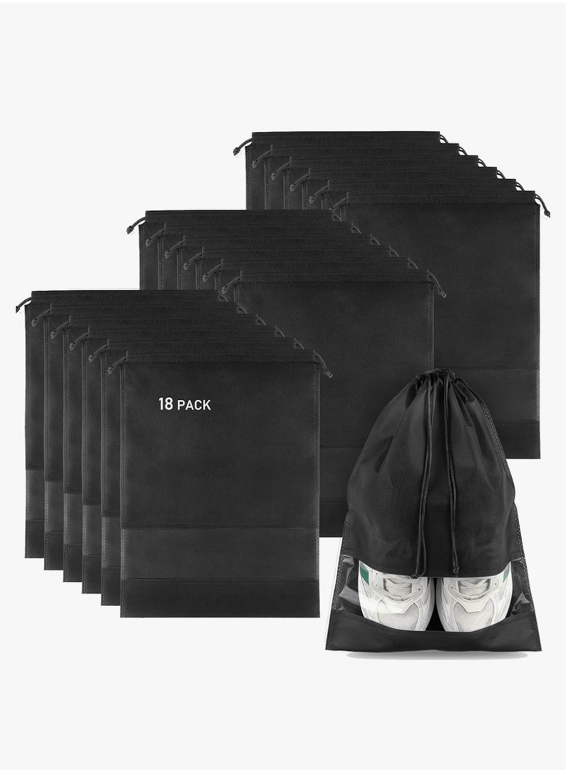 18 Pack Shoe Bags for Travel, Large Travel Shoe Bags for Packing with Clear Window, Dustproof Drawstring Travel Shoe Storage Bags Travel Essentials for Men & Women, Black 12x18
