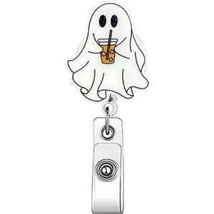 4 x Fall Halloween Badge Reel Cute Ghost Badge Reels Retractable Fall Badge Clip Acrylic Retractable Badge Holder with 360 Rotating Alligator Clip, Funny ID Badge Holder for Nurse Doctor Teacher Student