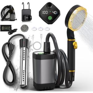 BSEED Portable Shower for Camping with Immersion Water Heater, 6000mAh Rechargeable Camping Shower with Intelligent LED Display, Outdoor Shower for Hiking, Travel, Pets & Car Washing, Wartering Plants, Black