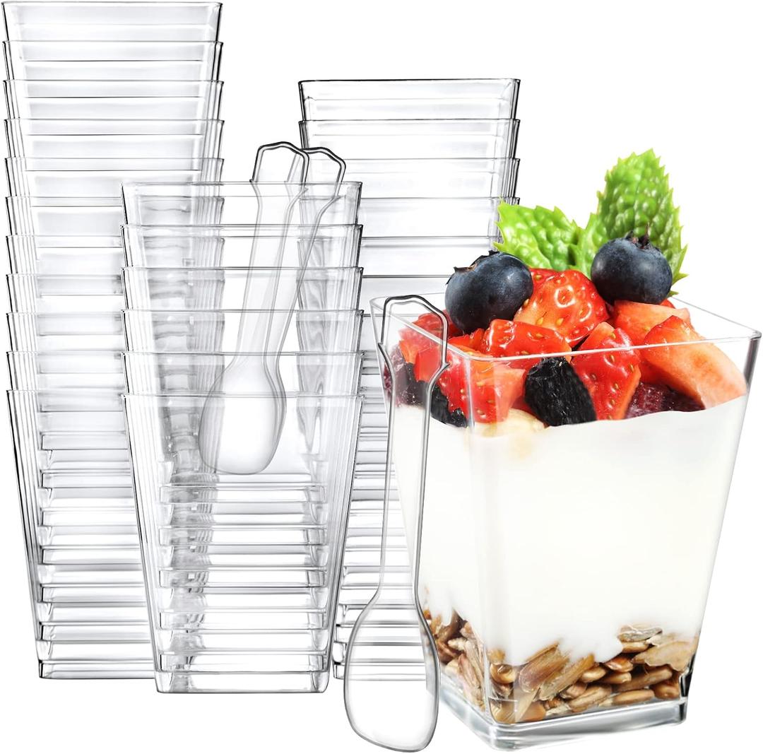 Eupako 50 Pack 5 oz Square Clear Plastic Dessert Cups with Spoons Small Clear Plastic Tumbler Cups Great for Desserts, Appetizers, Puddings, Mousse