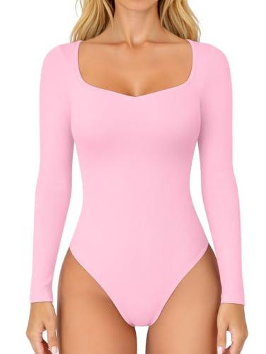 OQQ Women Bodysuit Contrast-Trim Square Neck Long Sleeve Stretch Bodysuit Tops Pink cherry blossom S