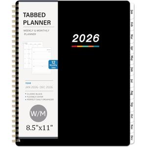 2 x Planner 2026 Jan. 2026 - Dec. 2026, 2026 Planner Weekly and Monthly, 8.5" x 11", Calendar Planner 2026 with Monthly Tabs, Spiral Binding, Thick Paper - Classic Black