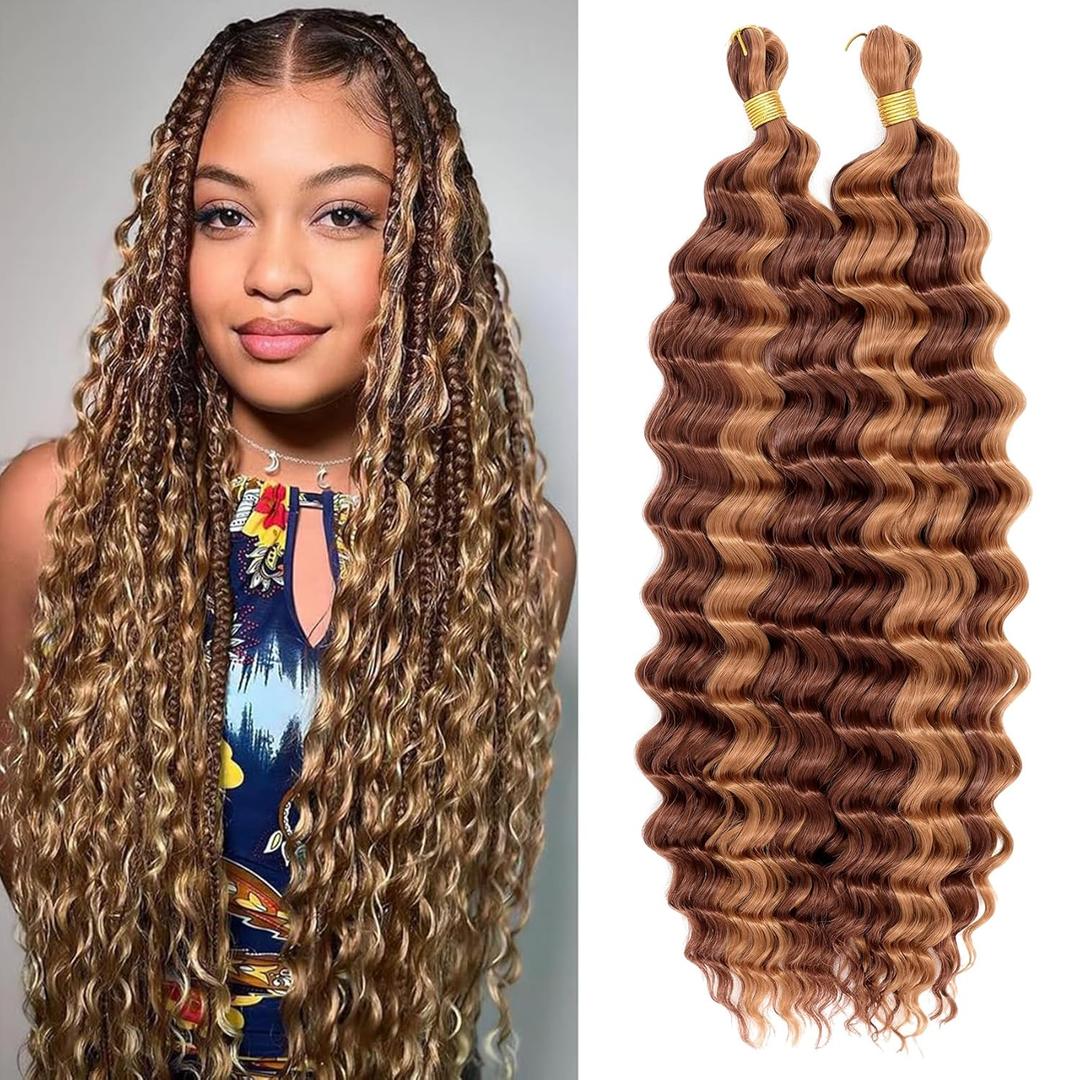 Eerya Long Curly Braiding Hair 18 Inch 2 Packs Deep Ocean Wave Crochet Hair for Black Women Deep Wave Braiding Hair for Boho Braids（18 inch, P33/30)