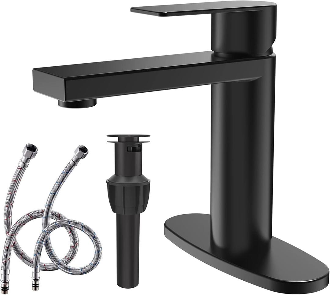 Matte Black Bathroom Faucet Single Handle Bathroom Sink Faucet Matte Black Single Hole Basin Vanity Faucet with Pop-up Drain Suitable for 1 Hole or 3 Hole, Modern One Hole Bathroom Faucet