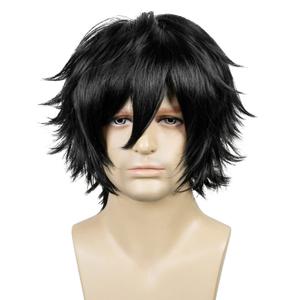 LABEAUT Short Black Anime Cosplay Wig Male Men Anime Layered Unisex Heat Resistant Hair Wig with Bangs for Party and Halloween for Gift + Free Cap