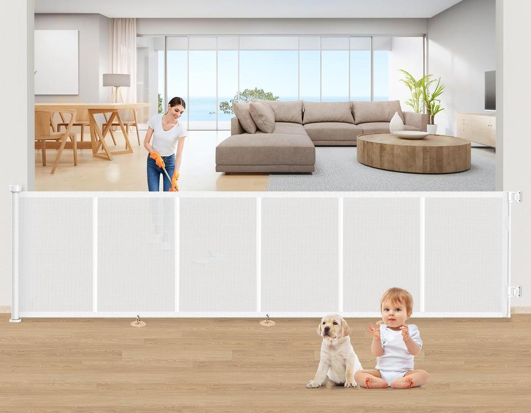Upgrade 150 inch Retractable Baby Gates, EZIGO Extra Wide Baby Gate for Large Opening Extra Long Mesh Gate for Kids or Pet Dog Gate Child Safety Gate for Stairs Hallways Doorway Indoor Outdoor, White