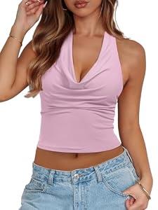 REORIA Women's Cowl Neck Going Out Halter Tank Tops Backless Double Lined Y2k Shirts Cute Summer Trendy Sleeveless Crop Tops Pink, Size M