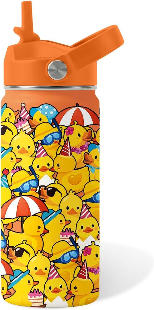 Duck Gifts for Boy Girls - 16oz Kids Water Bottle with Straw, Rubber Duck Stainless Steel Water Bottles Insulated, BPA-free, Leak-proof, Cute Cartoon Tumbler for School, Travel, Children Gift Cup(1pc)
