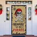 Pirate Door Cover Banner Beware of the Pirate 71x35 Inch Party Door Sign for Front Door Skull Map Design Door Cover for Halloween Theme Party Outdoor Decor